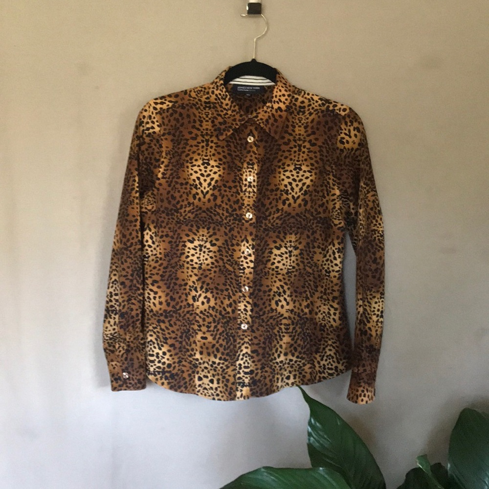 Jones New York Animal Print Blouse Cotton Petite M